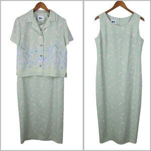 Vintage 90s Dress Jacket Set size 14 Petite top Long Green pink spring Easter